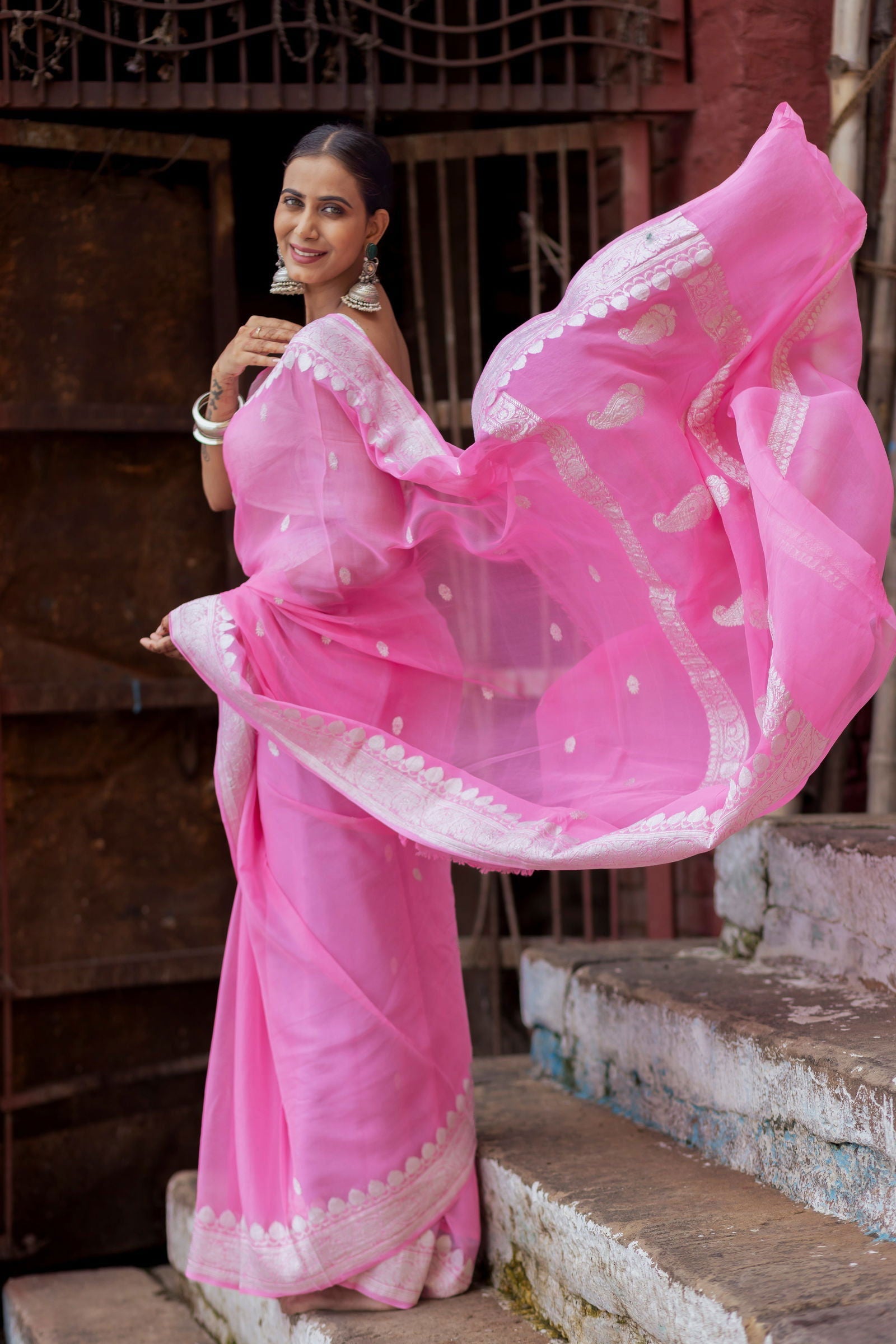 Handloom Peach Pure Khadi Chiffon Banarasi Saree