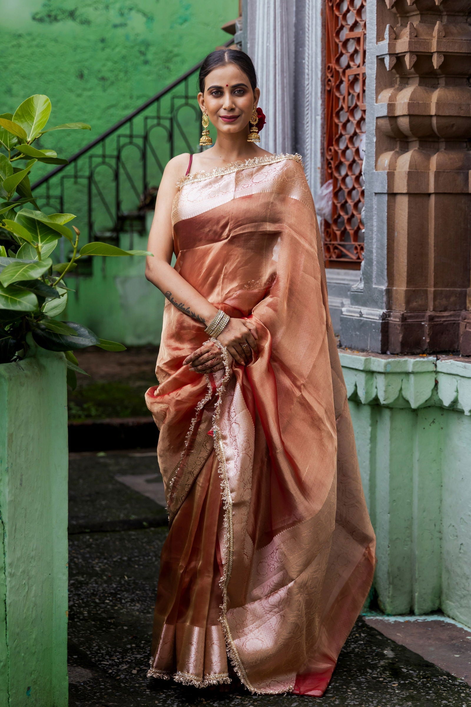 Handloom Peach Pure Katan Tissue Silk Banarasi Saree - Mayrake.in