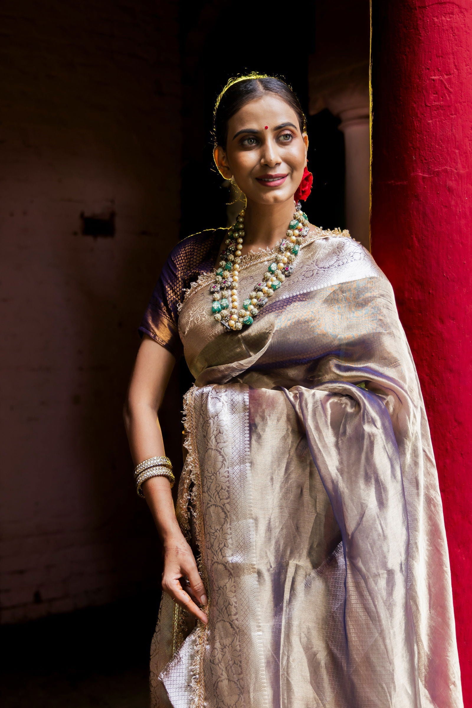 Handloom Purple Blue Pure Katan Tissue Silk Banarasi Saree - Mayrake.in