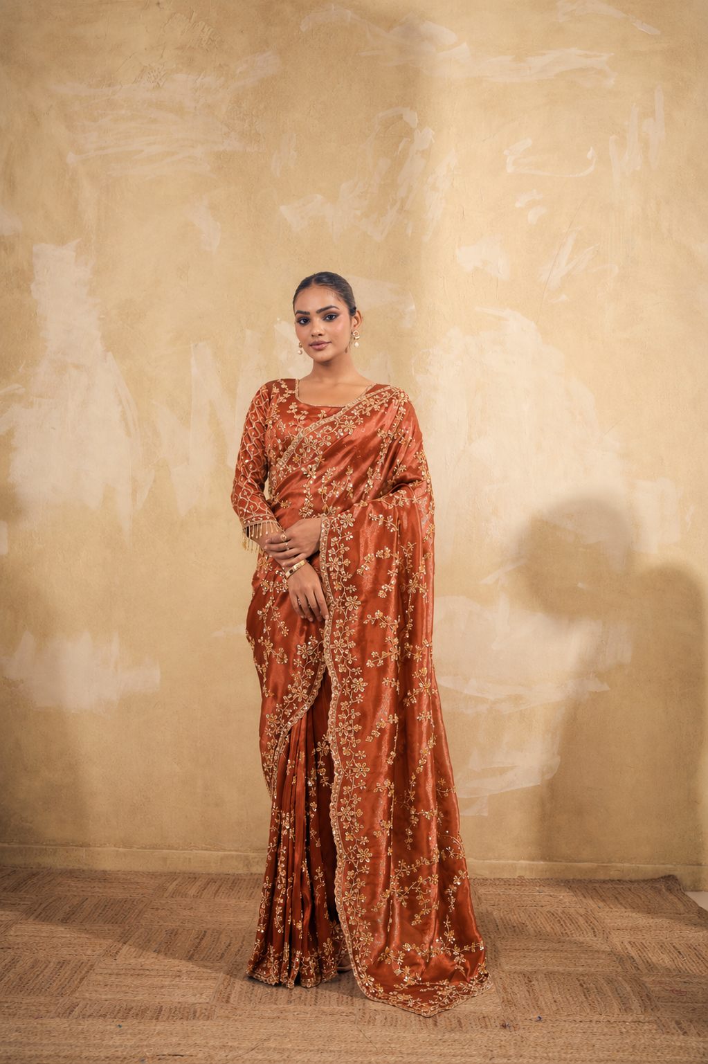 Rusty Orange Organza Silk Saree with Hand Embriodery with Stitched Blouse