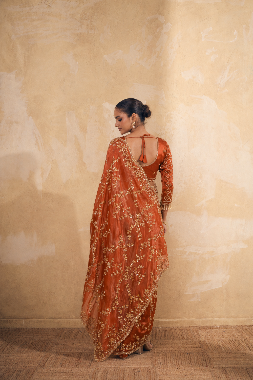 Rusty Orange Organza Silk Saree with Hand Embriodery with Stitched Blouse
