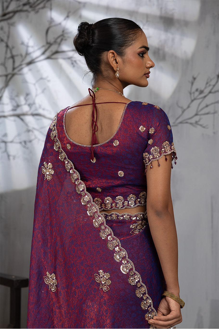 Royal Magenta Tissue Saree with Golden Zari Embroidery