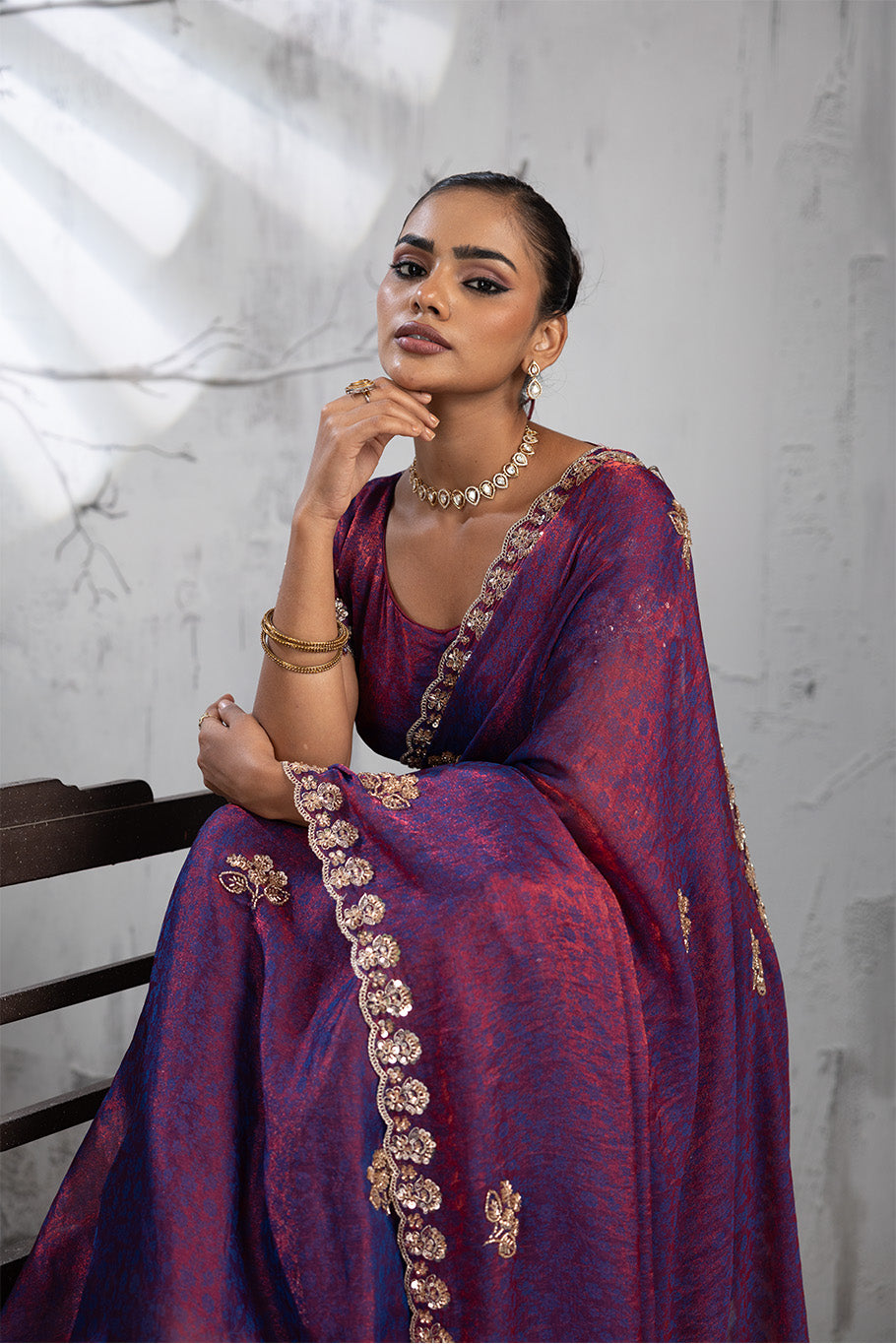 Royal Magenta Tissue Saree with Golden Zari Embroidery