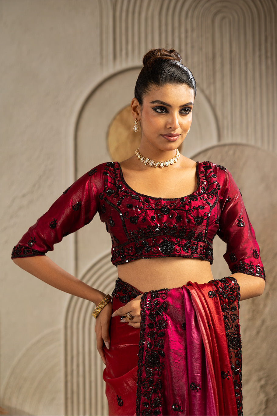 Maroon Tissue Saree with Black Embroidery