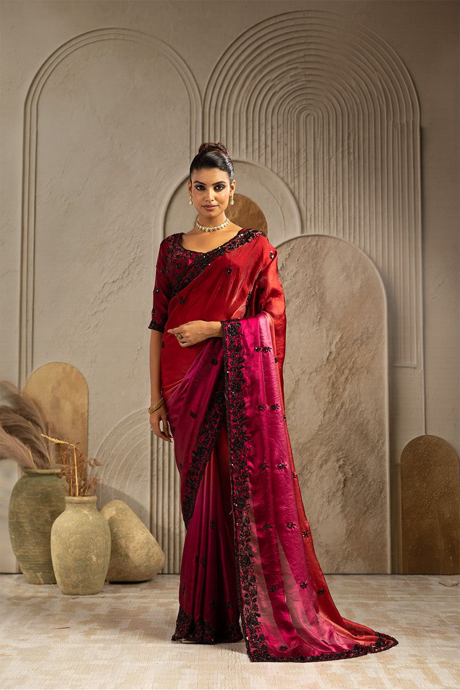 Maroon Tissue Saree with Black Embroidery