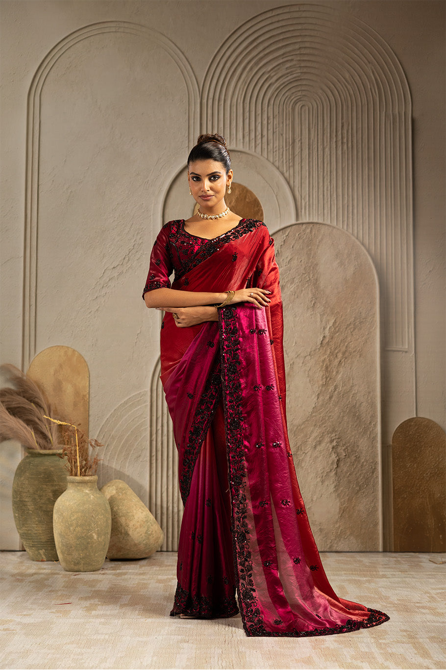 Maroon Tissue Saree with Black Embroidery