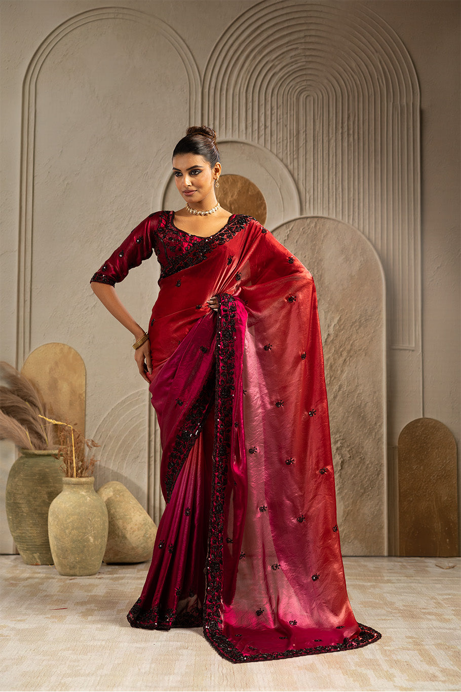 Maroon Tissue Saree with Black Embroidery