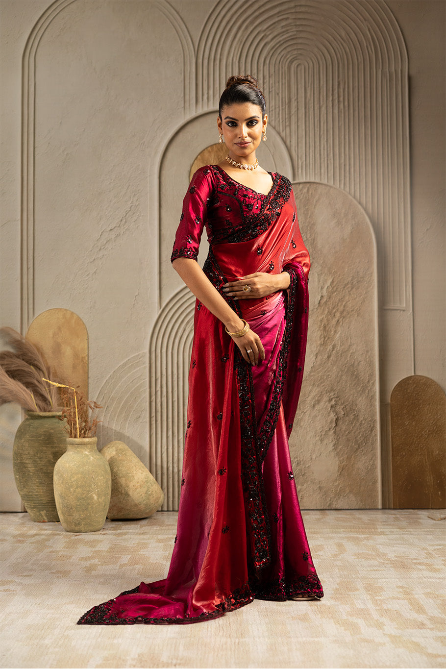 Maroon Tissue Saree with Black Embroidery