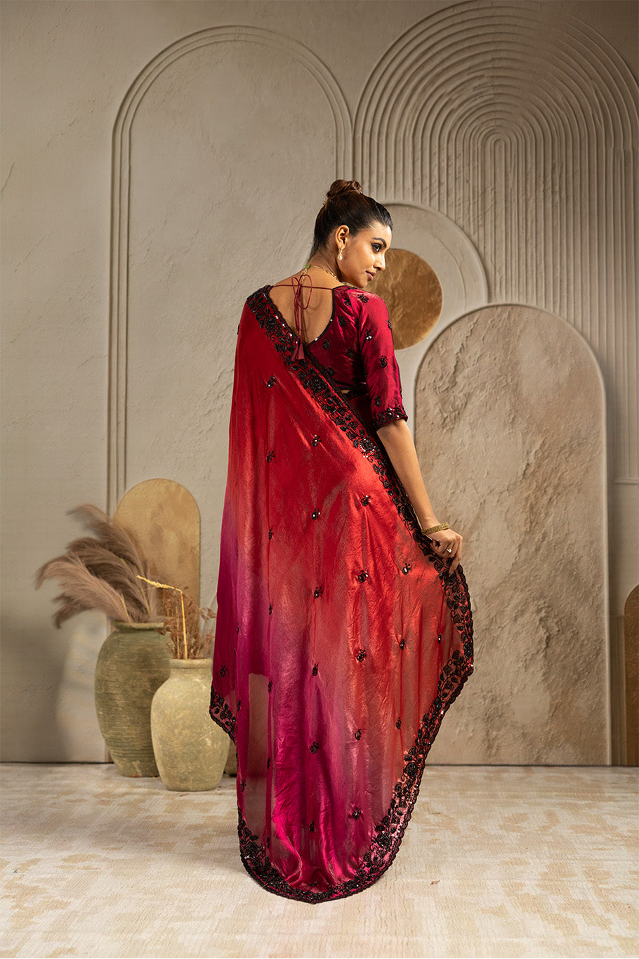 Maroon Tissue Saree with Black Embroidery