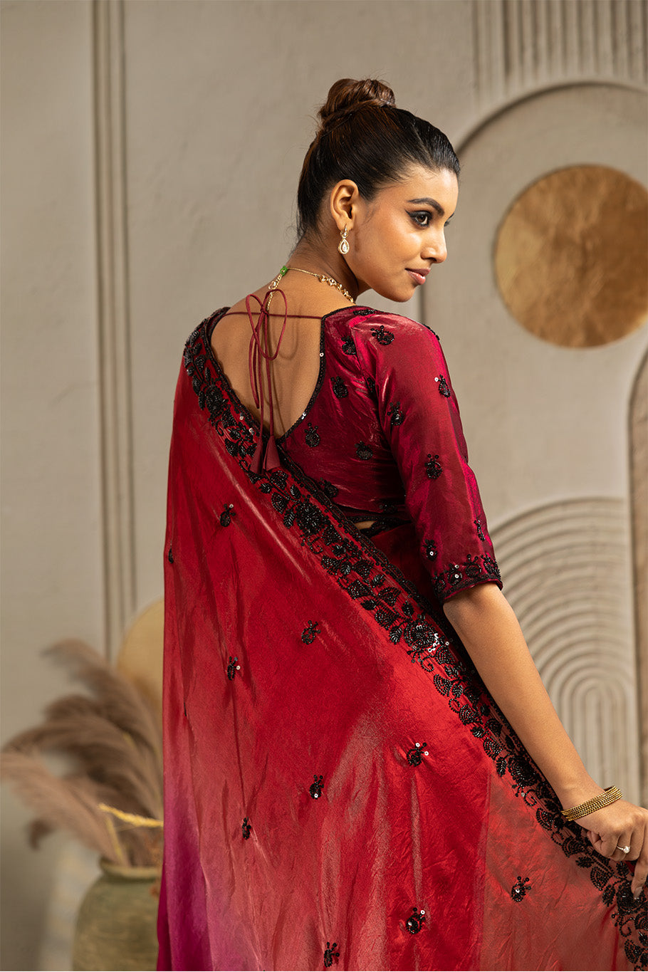 Maroon Tissue Saree with Black Embroidery