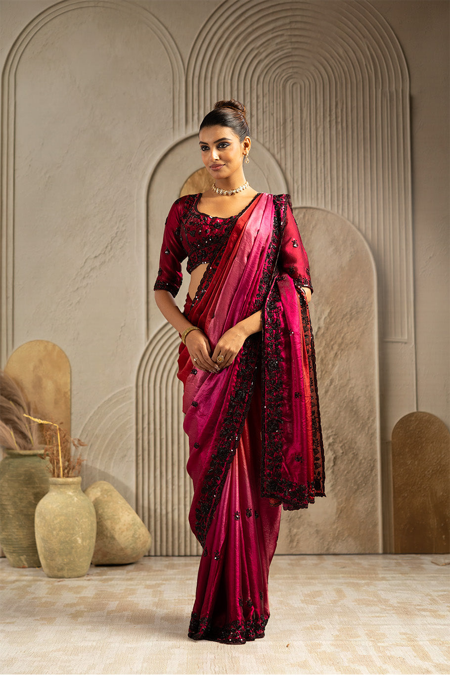 Maroon Tissue Saree with Black Embroidery