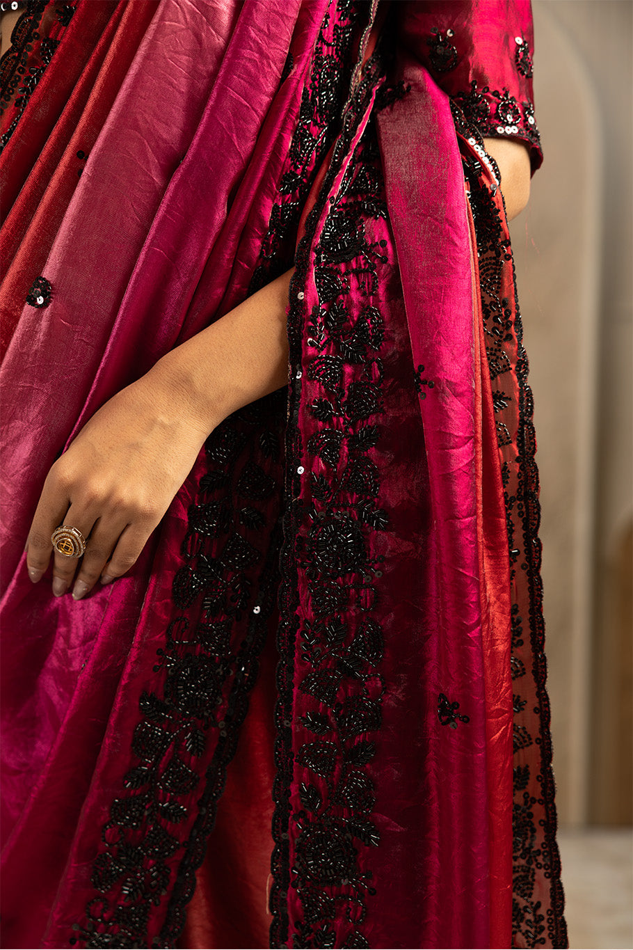 Maroon Tissue Saree with Black Embroidery