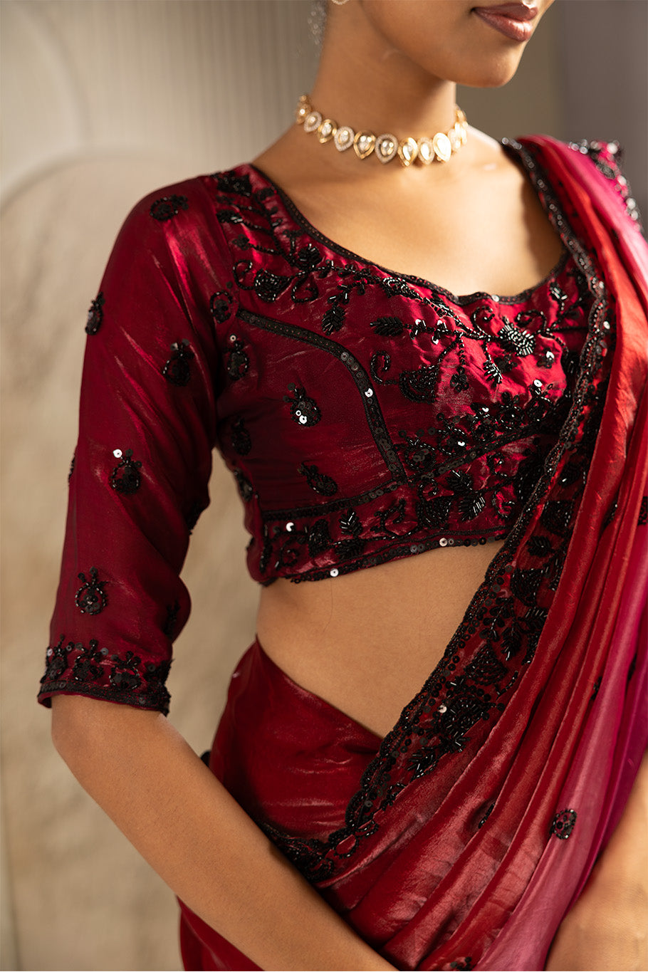 Maroon Tissue Saree with Black Embroidery