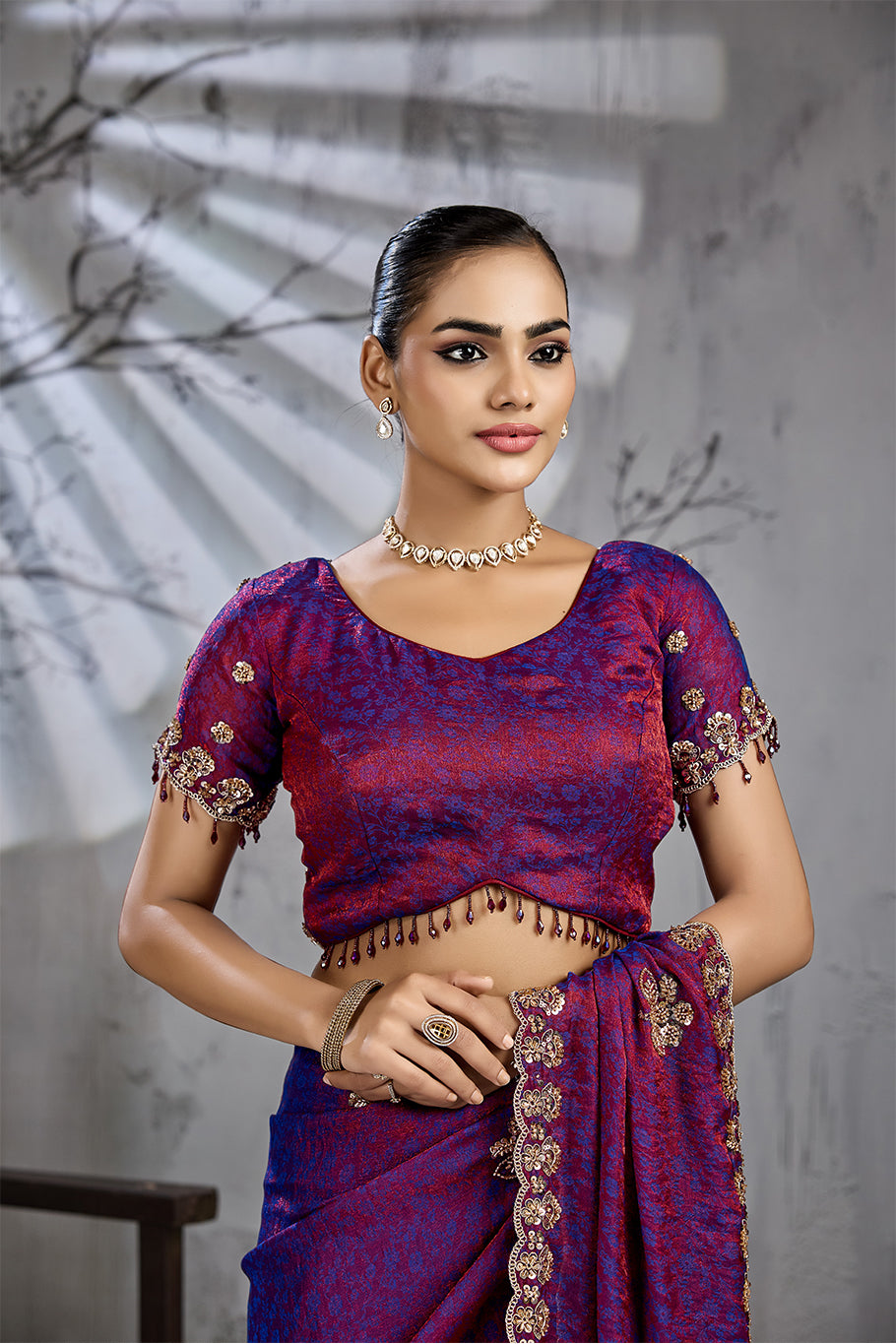 Royal Magenta Tissue Saree with Golden Zari Embroidery