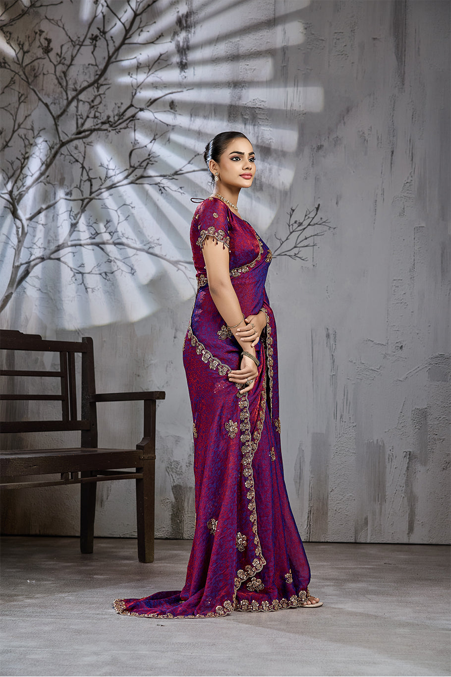 Royal Magenta Tissue Saree with Golden Zari Embroidery
