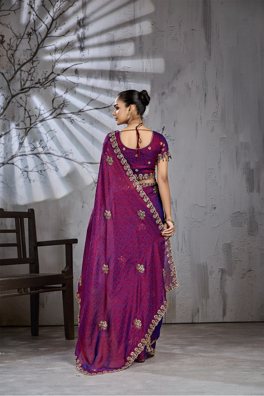 Royal Magenta Tissue Saree with Golden Zari Embroidery