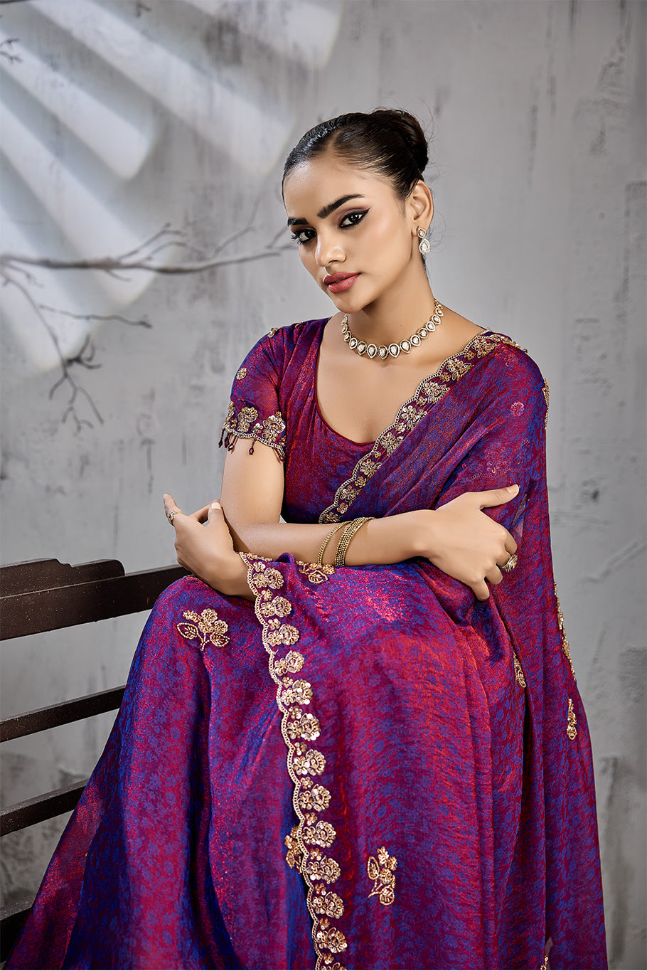 Royal Magenta Tissue Saree with Golden Zari Embroidery