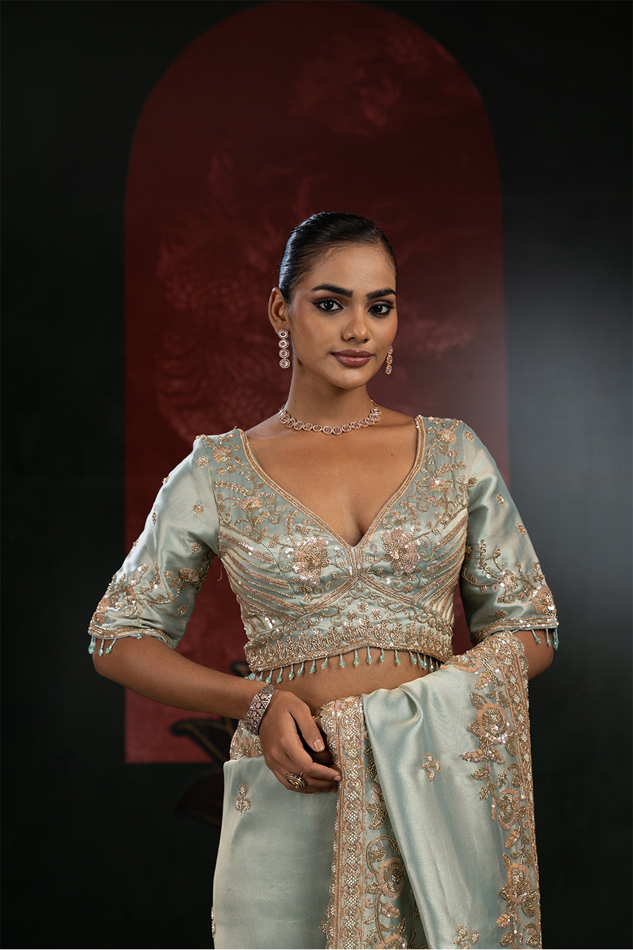 Sage Green Organza Silk Saree with Golden Zari Embroidery
