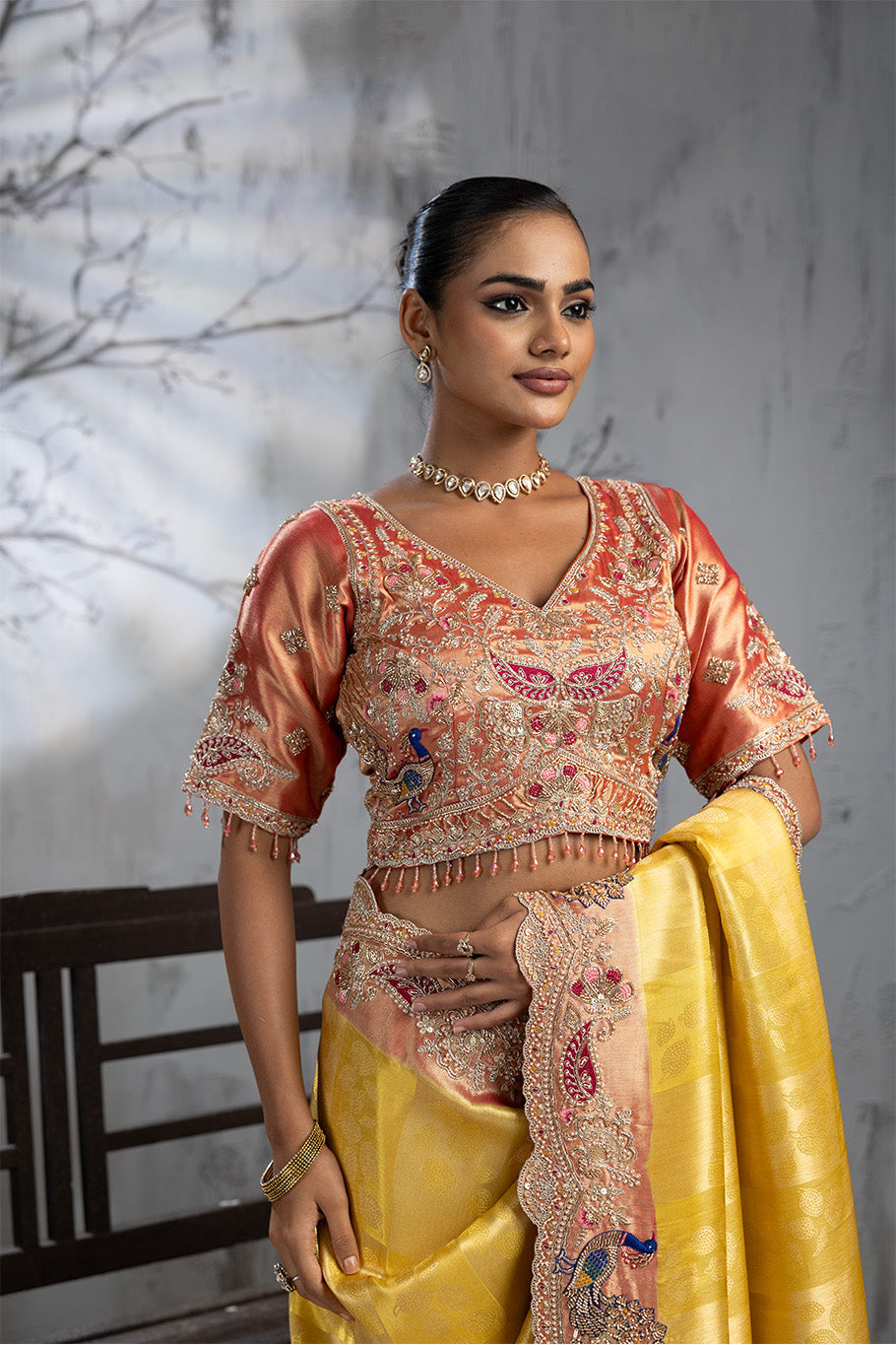 Yellow Banarasi Organza Saree with Pink Border and Multicolor Zari Embroidery
