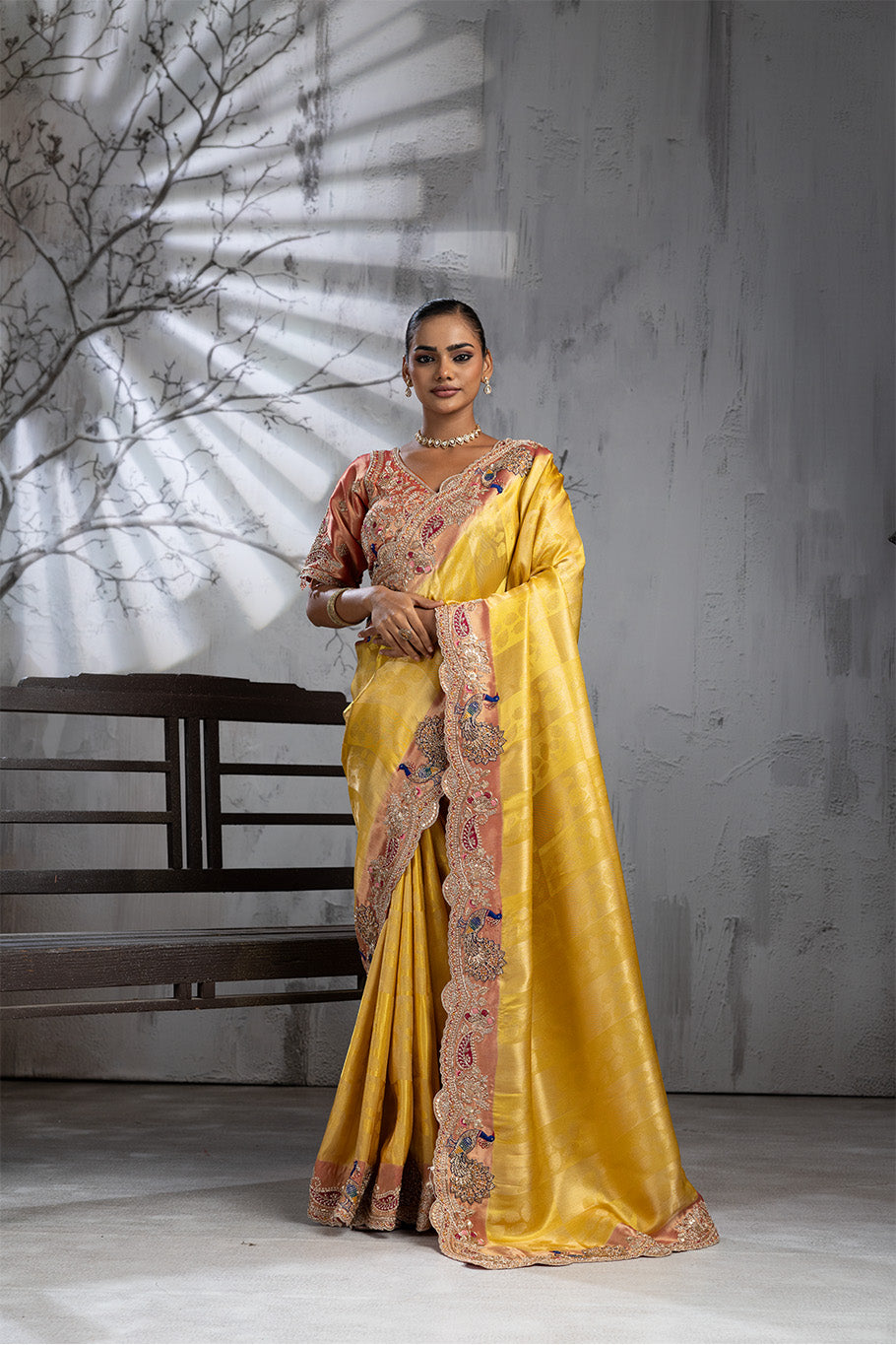 Yellow Banarasi Organza Saree with Pink Border and Multicolor Zari Embroidery