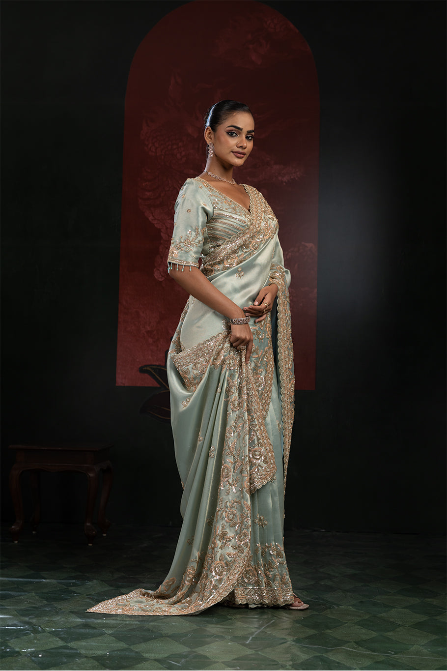 Sage Green Organza Silk Saree with Golden Zari Embroidery
