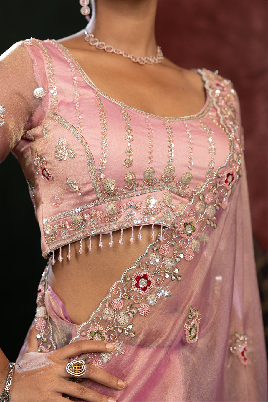 Rose Pink Organza Silk Saree with Multicolor Floral Embroidery