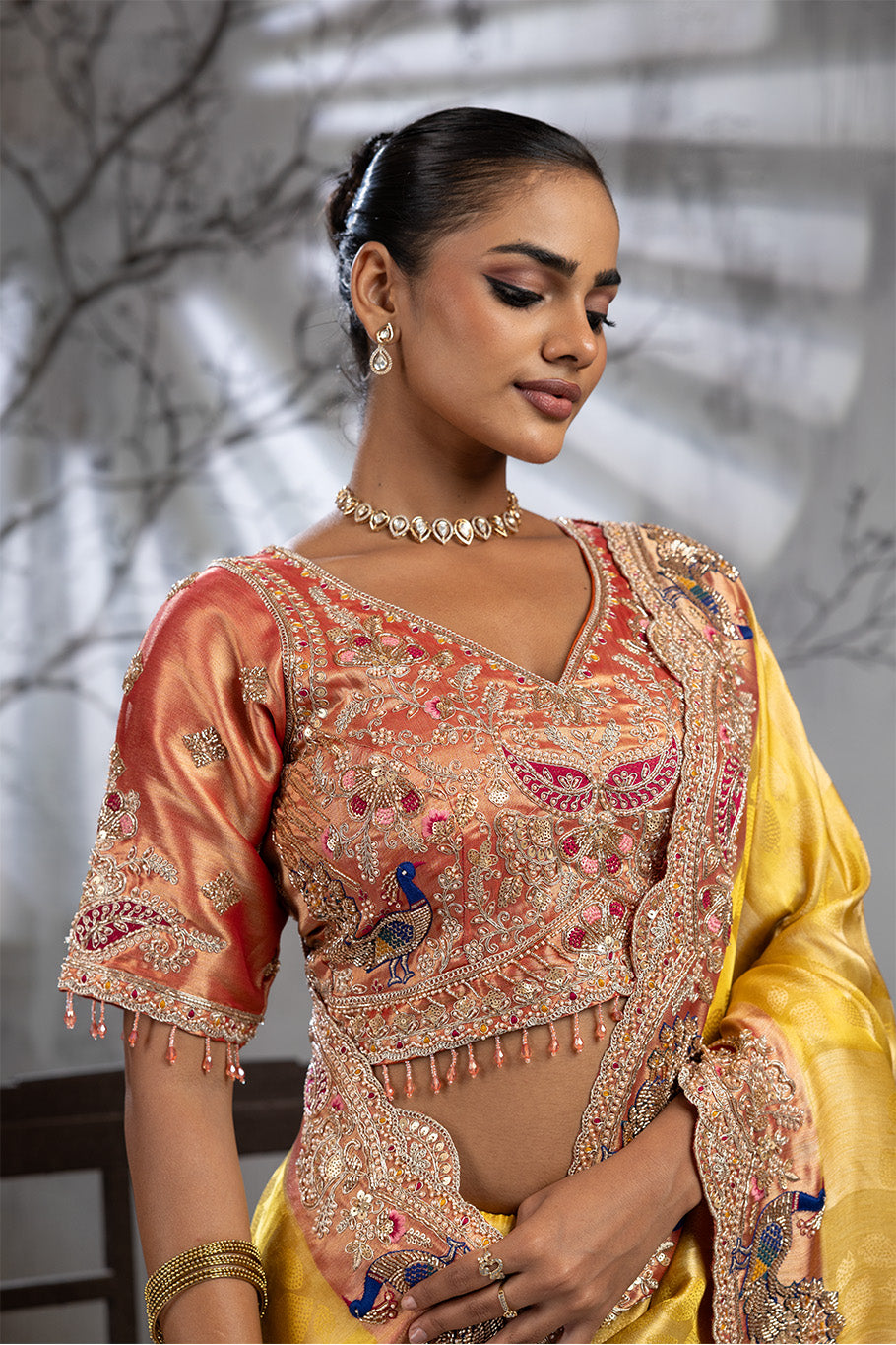 Yellow Banarasi Organza Saree with Pink Border and Multicolor Zari Embroidery