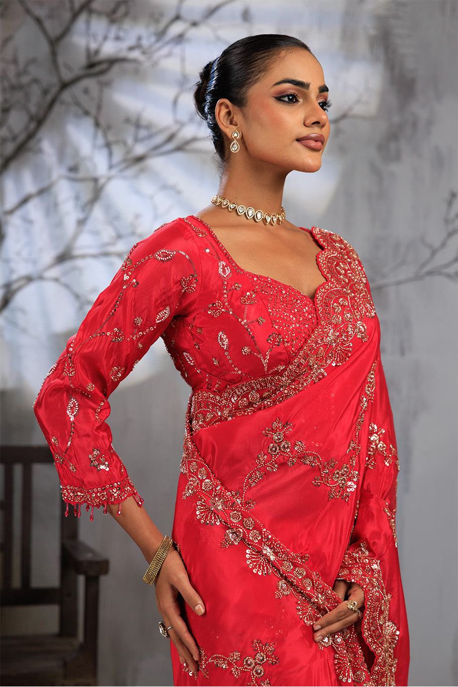 Rani Pink Organza Silk Saree with Golden Zari Embroidery