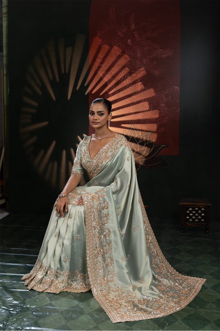 Sage Green Organza Silk Saree with Golden Zari Embroidery