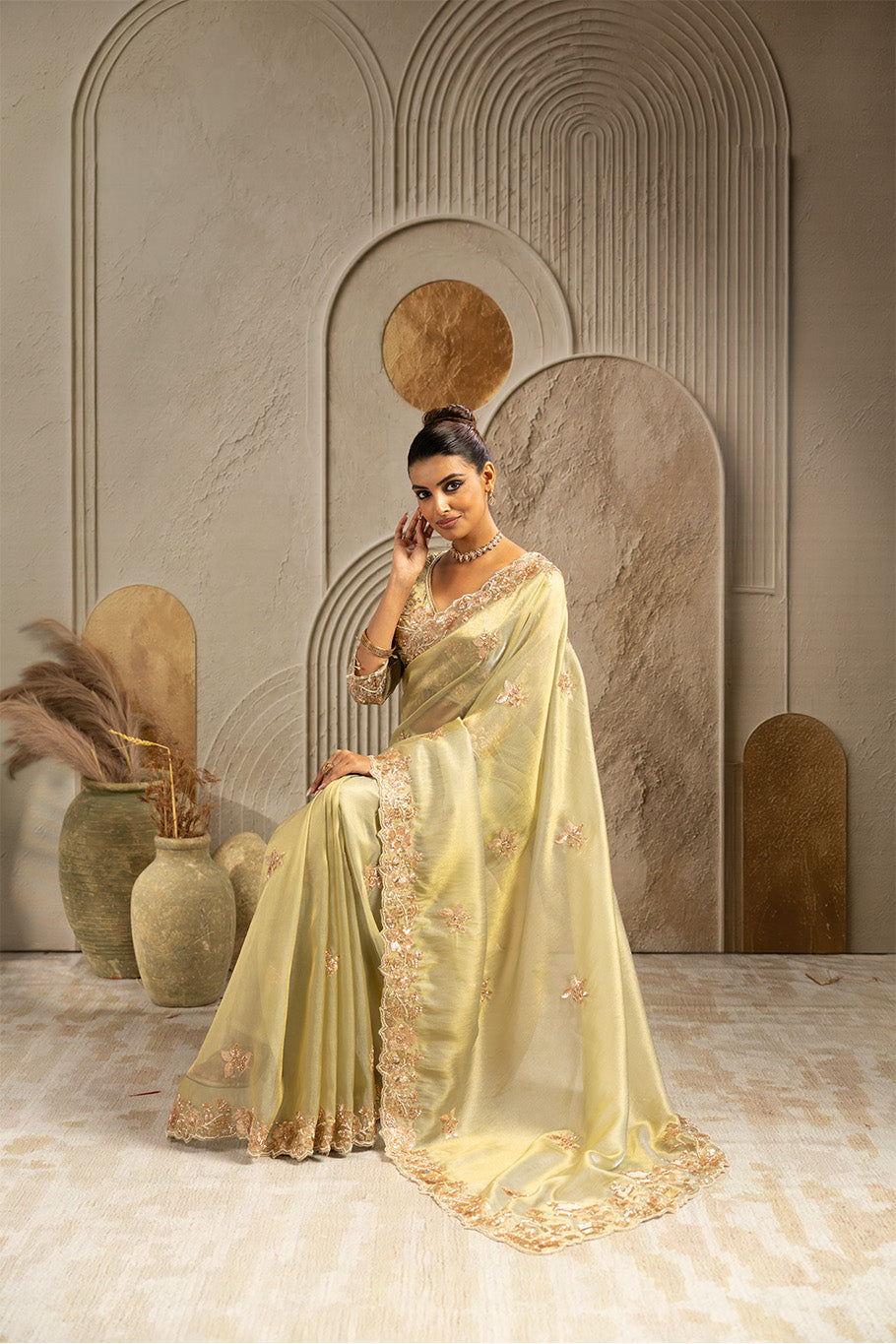 Pista Green Organza Silk Saree with Golden Zari Embroidery