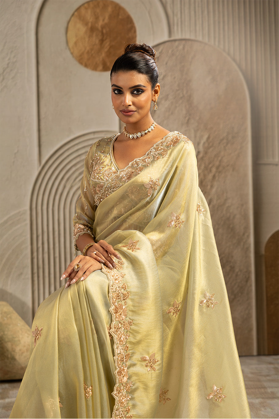 Pista Green Organza Silk Saree with Golden Zari Embroidery