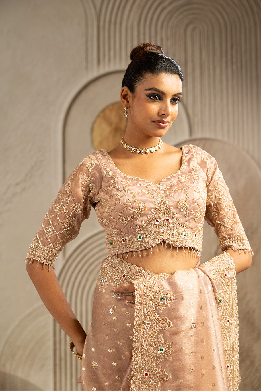 Dusty Pink Organza Silk Saree with Silver Zari Embroidery and Sequin Work