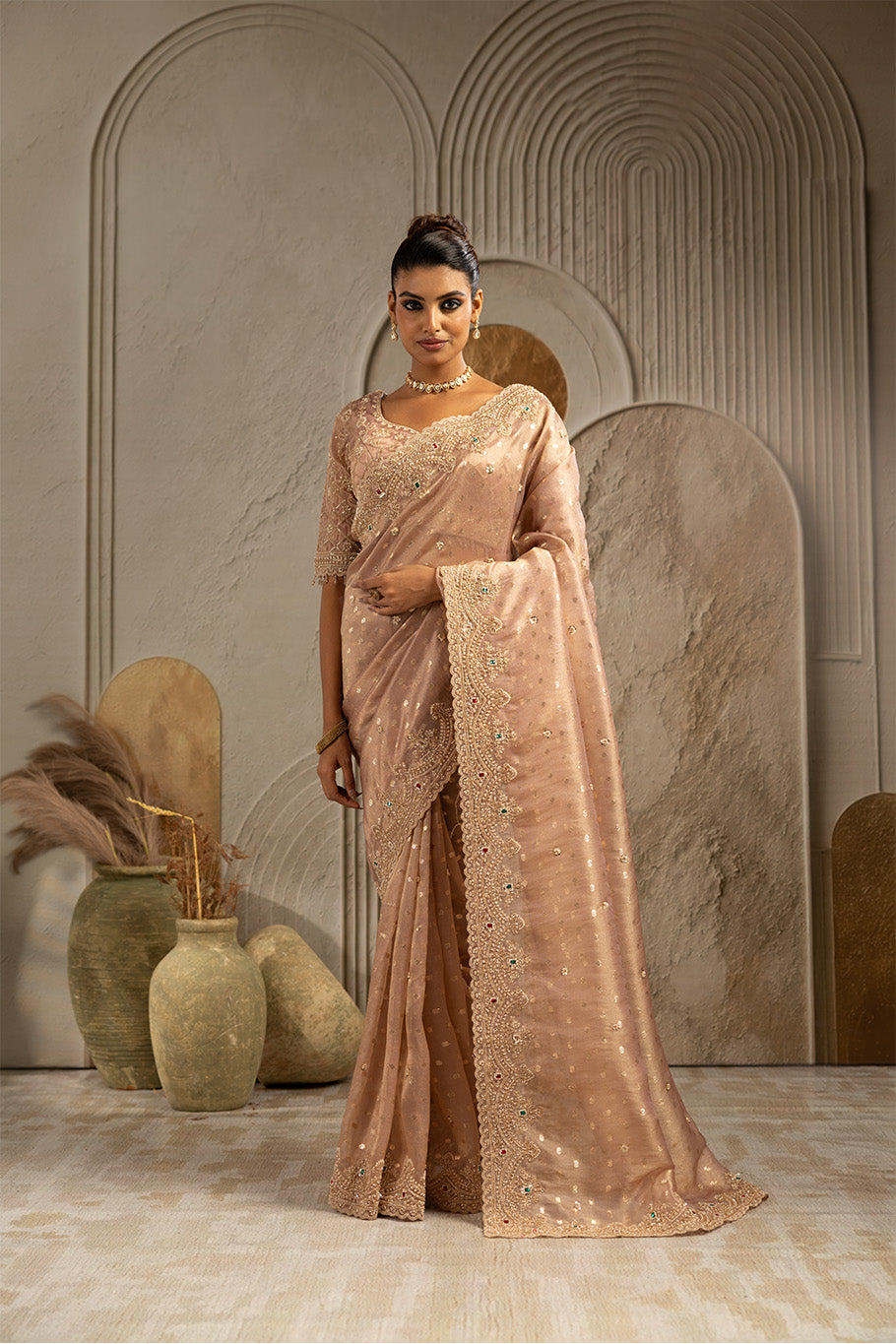 Dusty Pink Organza Silk Saree with Silver Zari Embroidery and Sequin Work