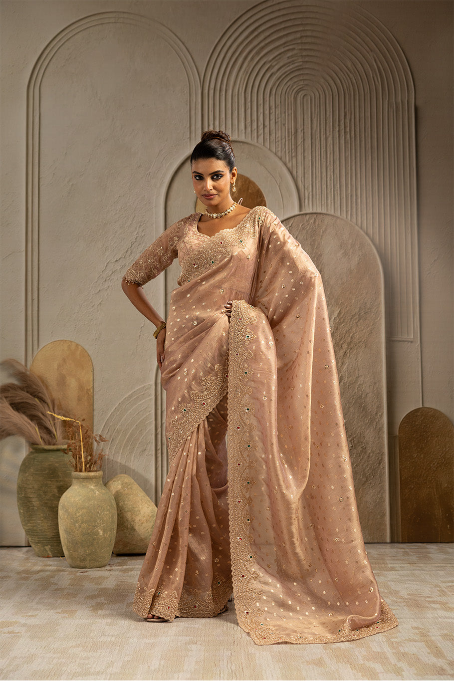 Dusty Pink Organza Silk Saree with Silver Zari Embroidery and Sequin Work