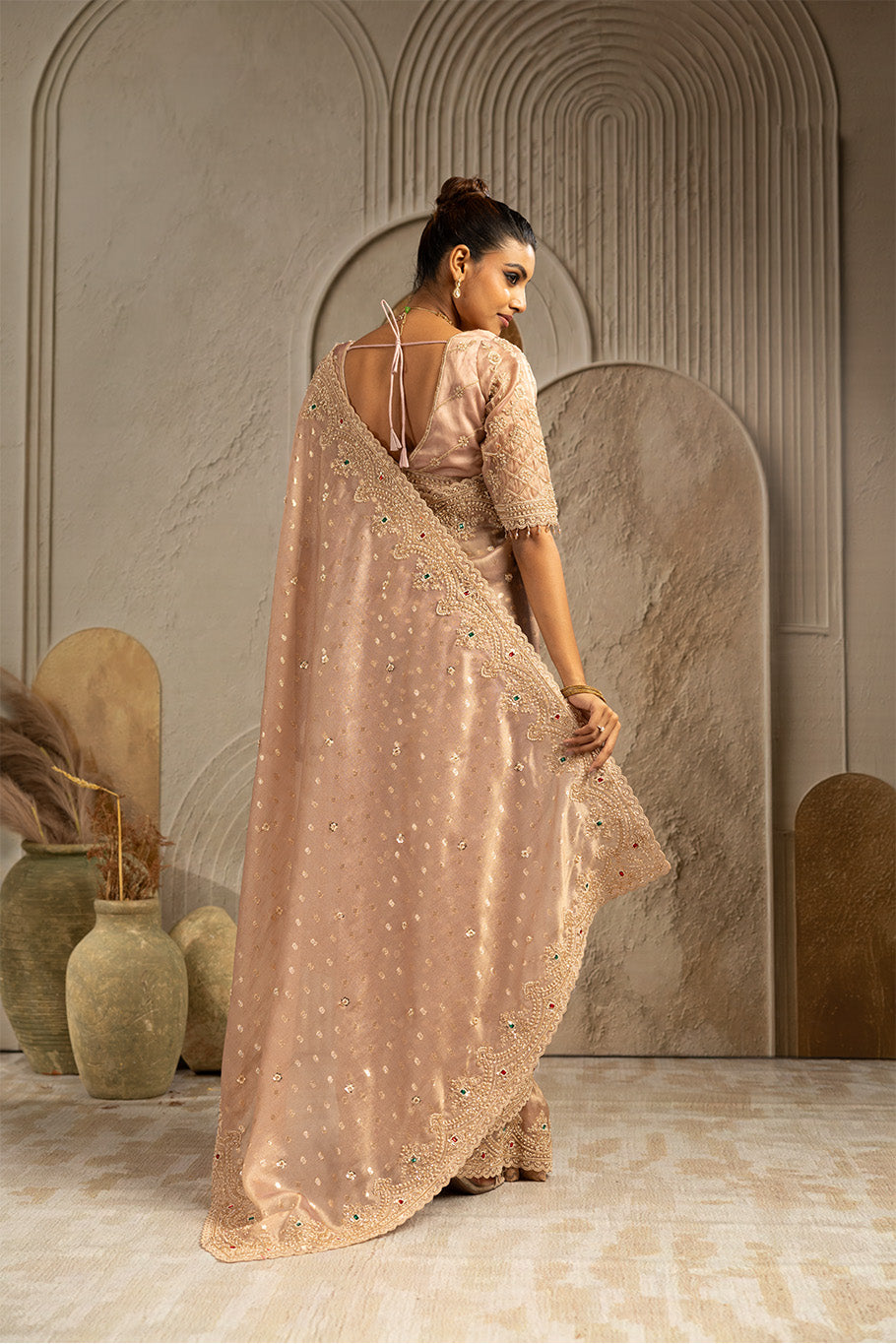 Dusty Pink Organza Silk Saree with Silver Zari Embroidery and Sequin Work