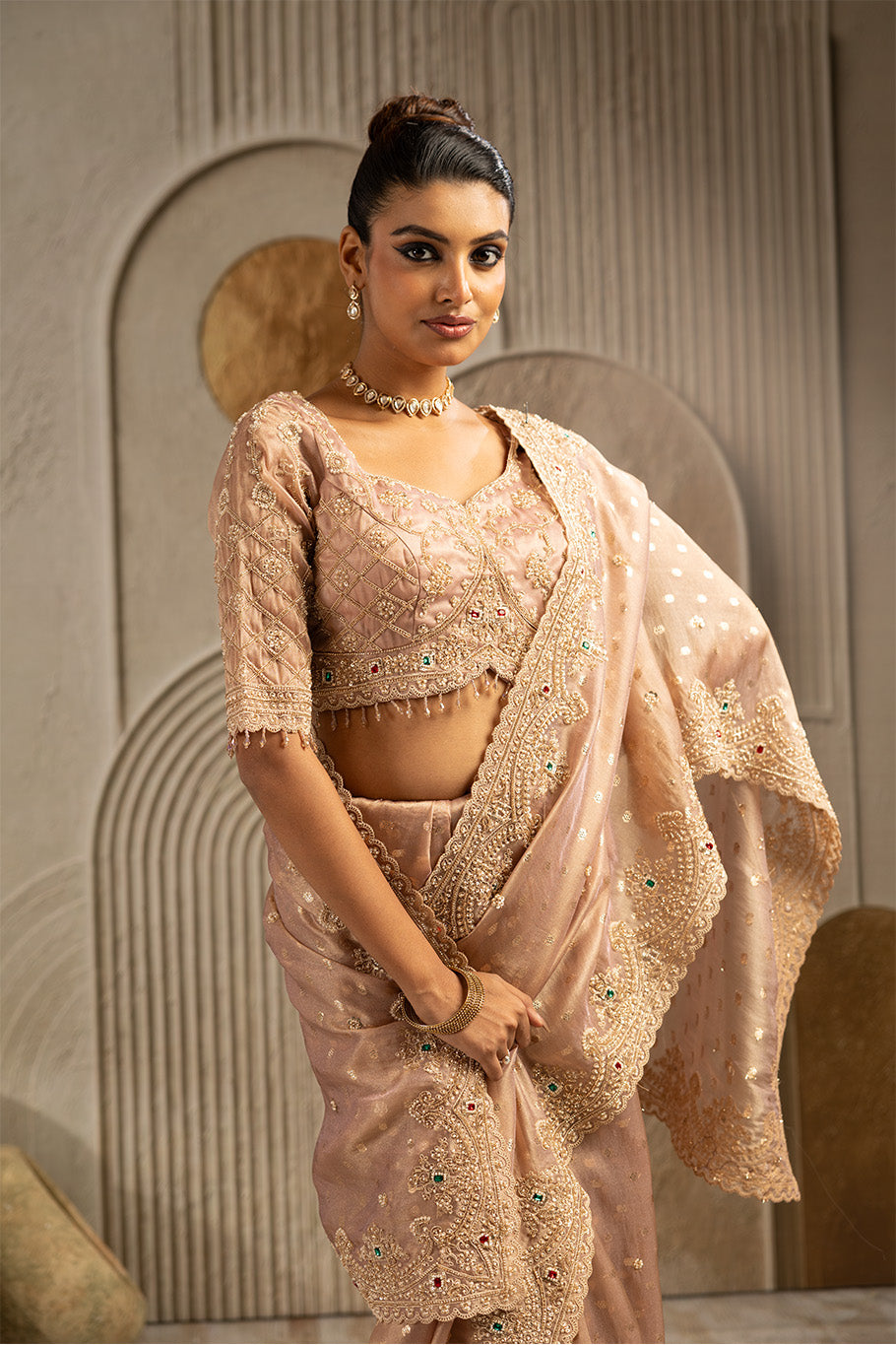 Dusty Pink Organza Silk Saree with Silver Zari Embroidery and Sequin Work