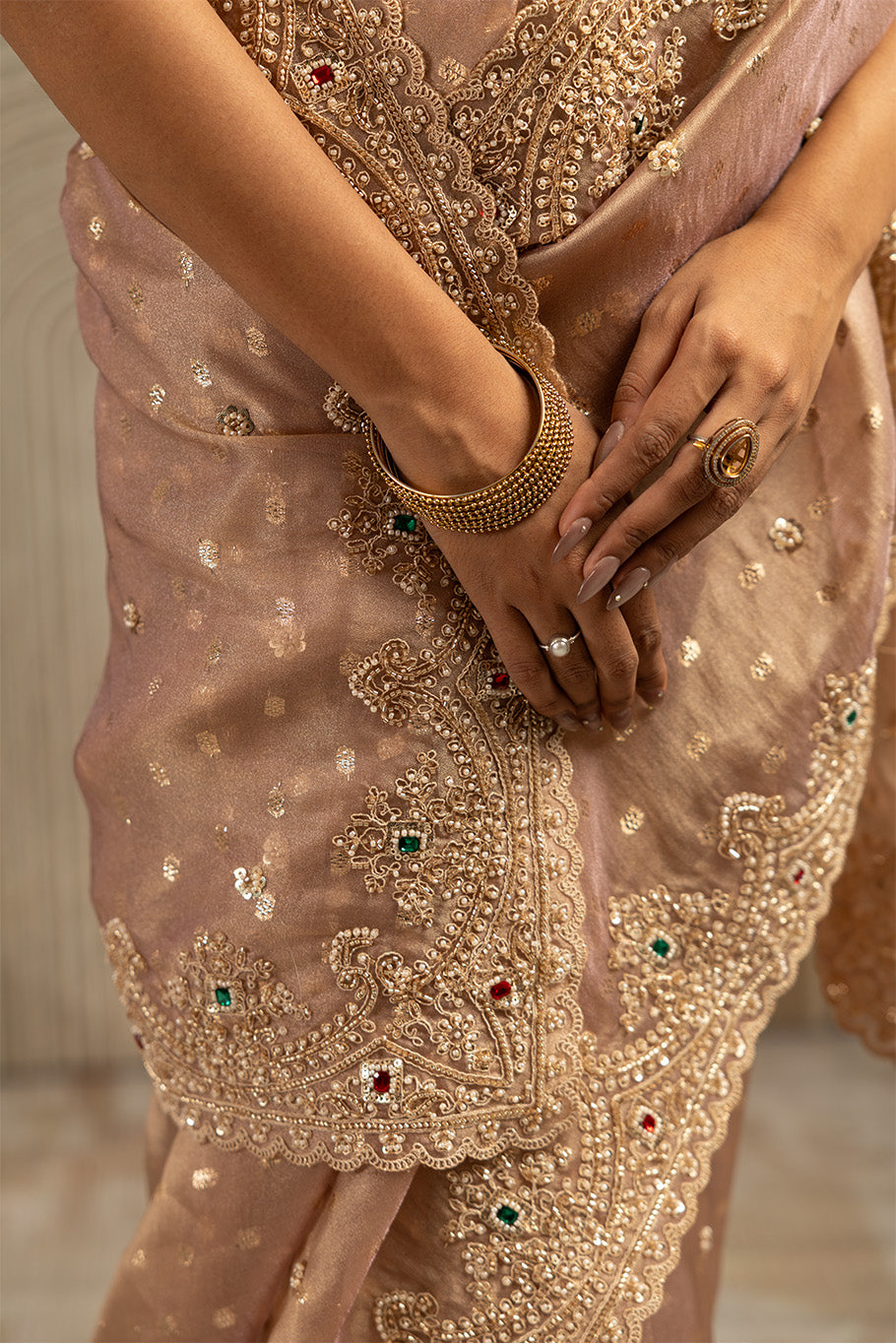 Dusty Pink Organza Silk Saree with Silver Zari Embroidery and Sequin Work