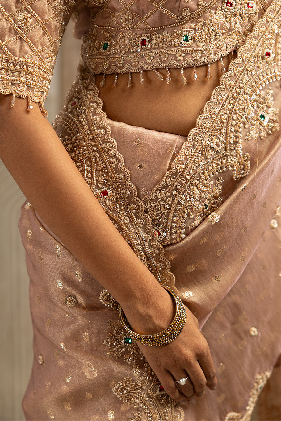 Dusty Pink Organza Silk Saree with Silver Zari Embroidery and Sequin Work