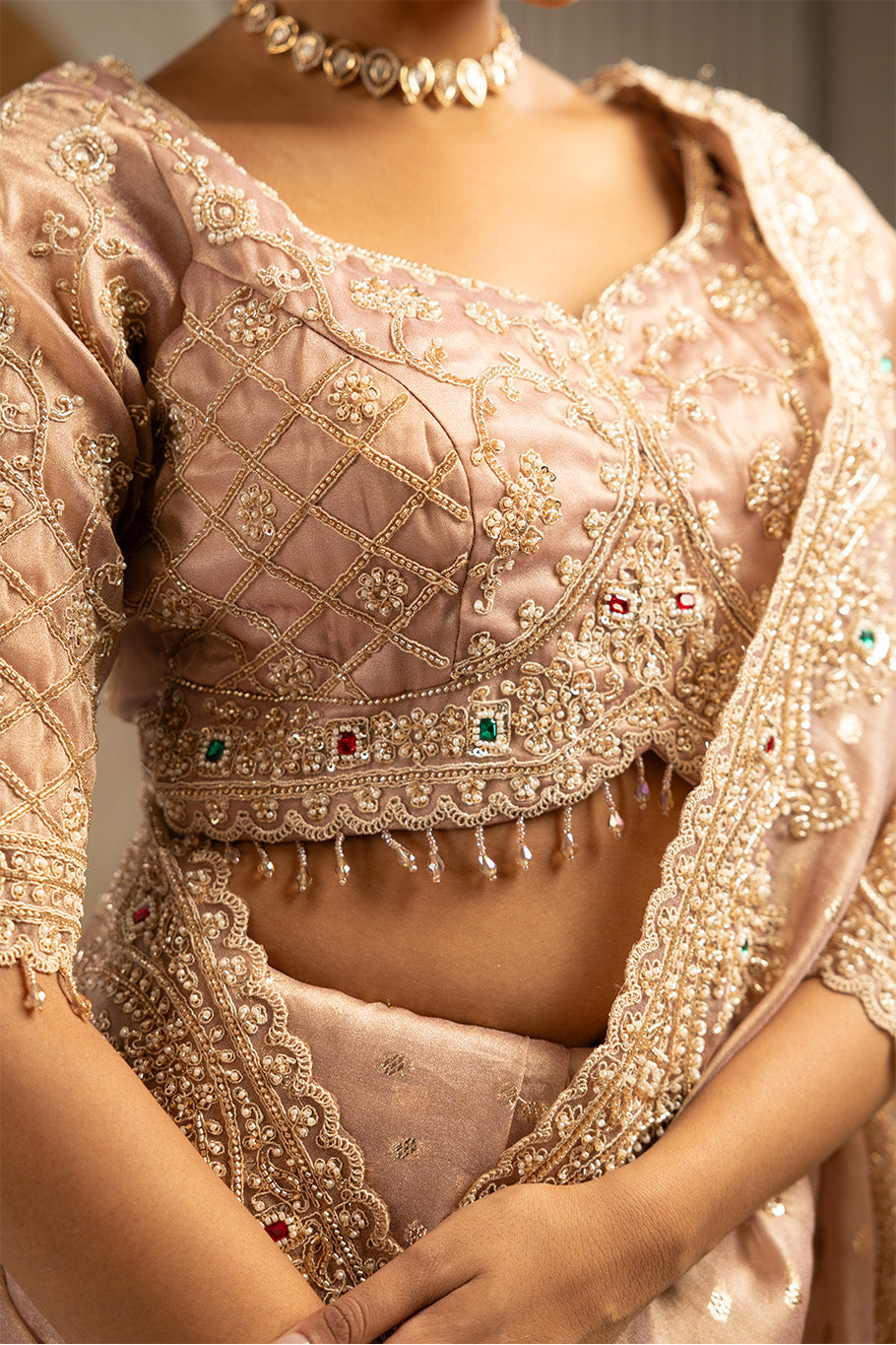 Dusty Pink Organza Silk Saree with Silver Zari Embroidery and Sequin Work