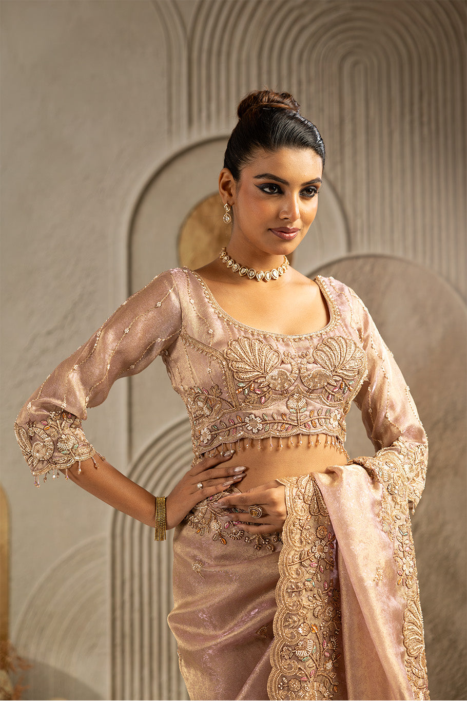 Blush Pink Organza Silk Saree with Silver Zari Embroidery