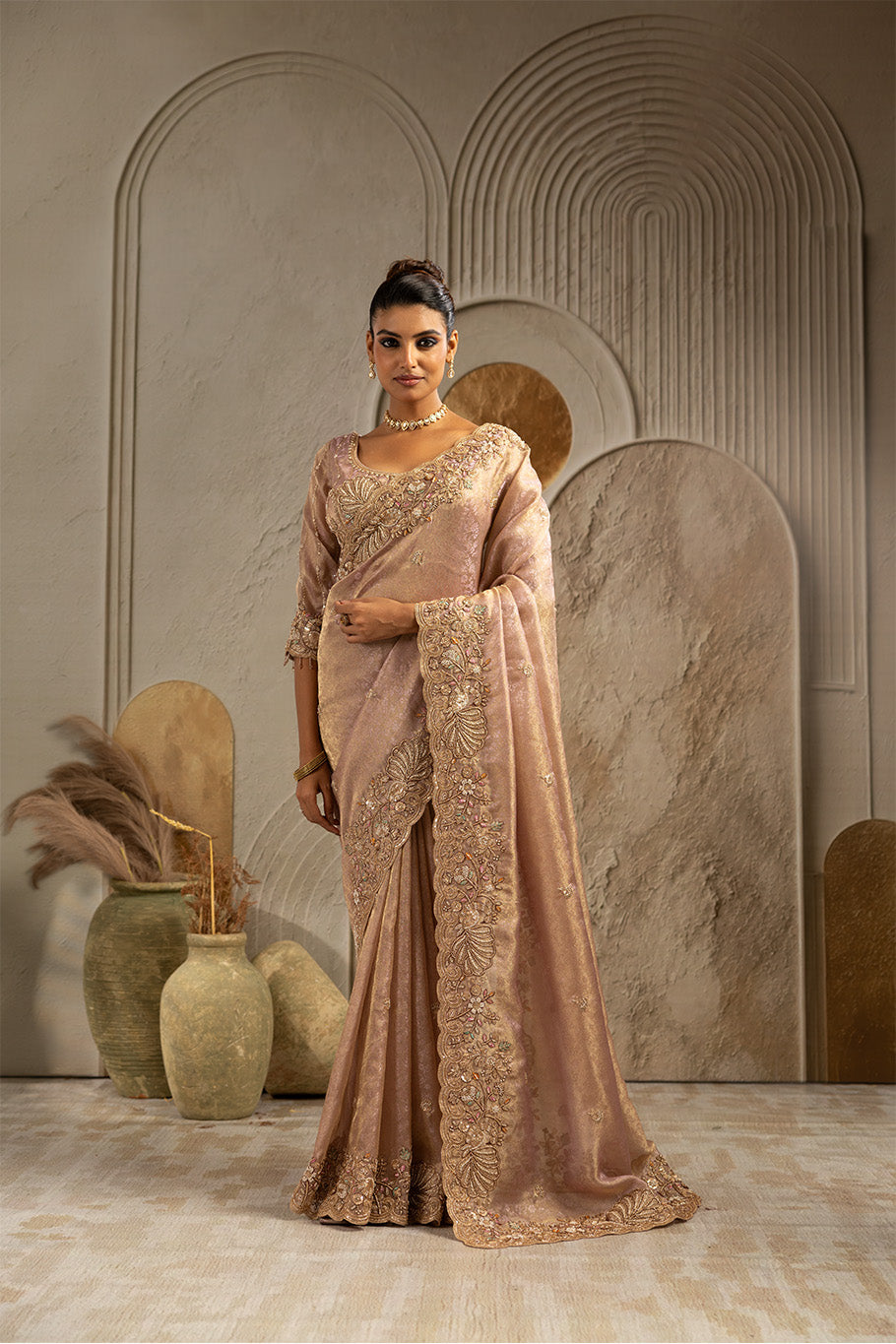 Blush Pink Organza Silk Saree with Silver Zari Embroidery