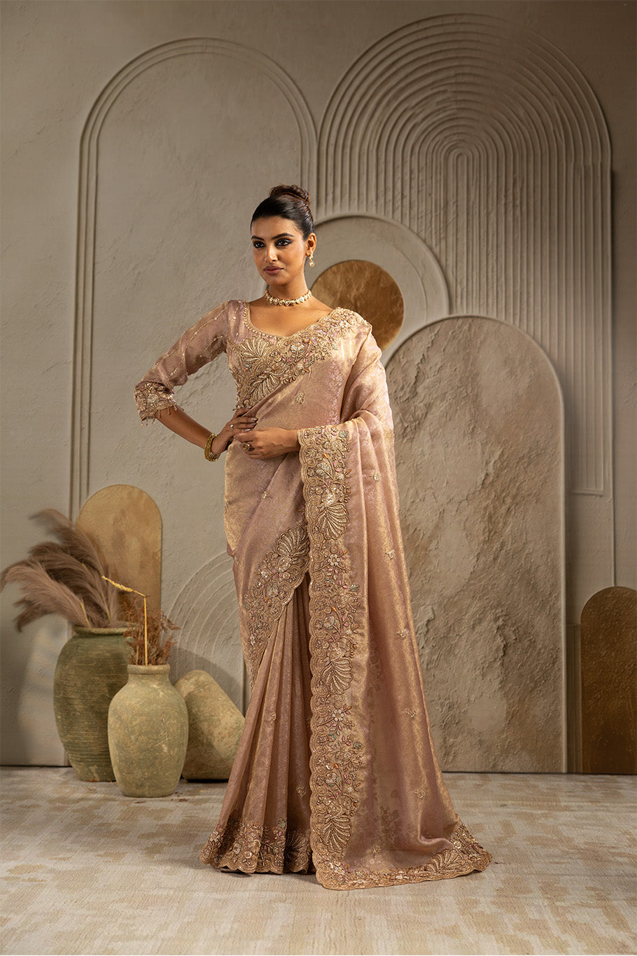 Blush Pink Organza Silk Saree with Silver Zari Embroidery