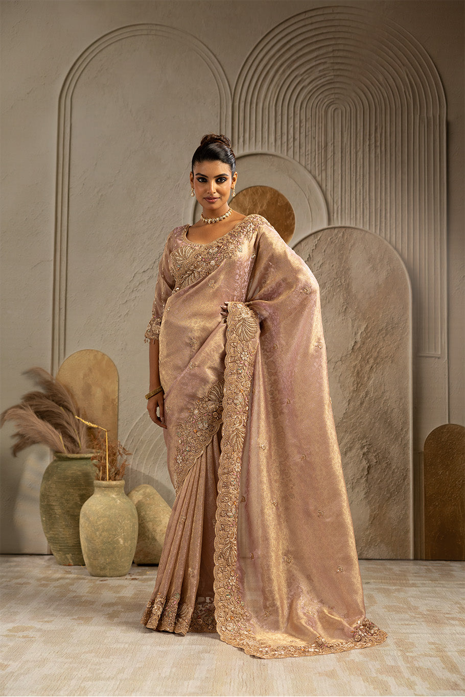 Blush Pink Organza Silk Saree with Silver Zari Embroidery