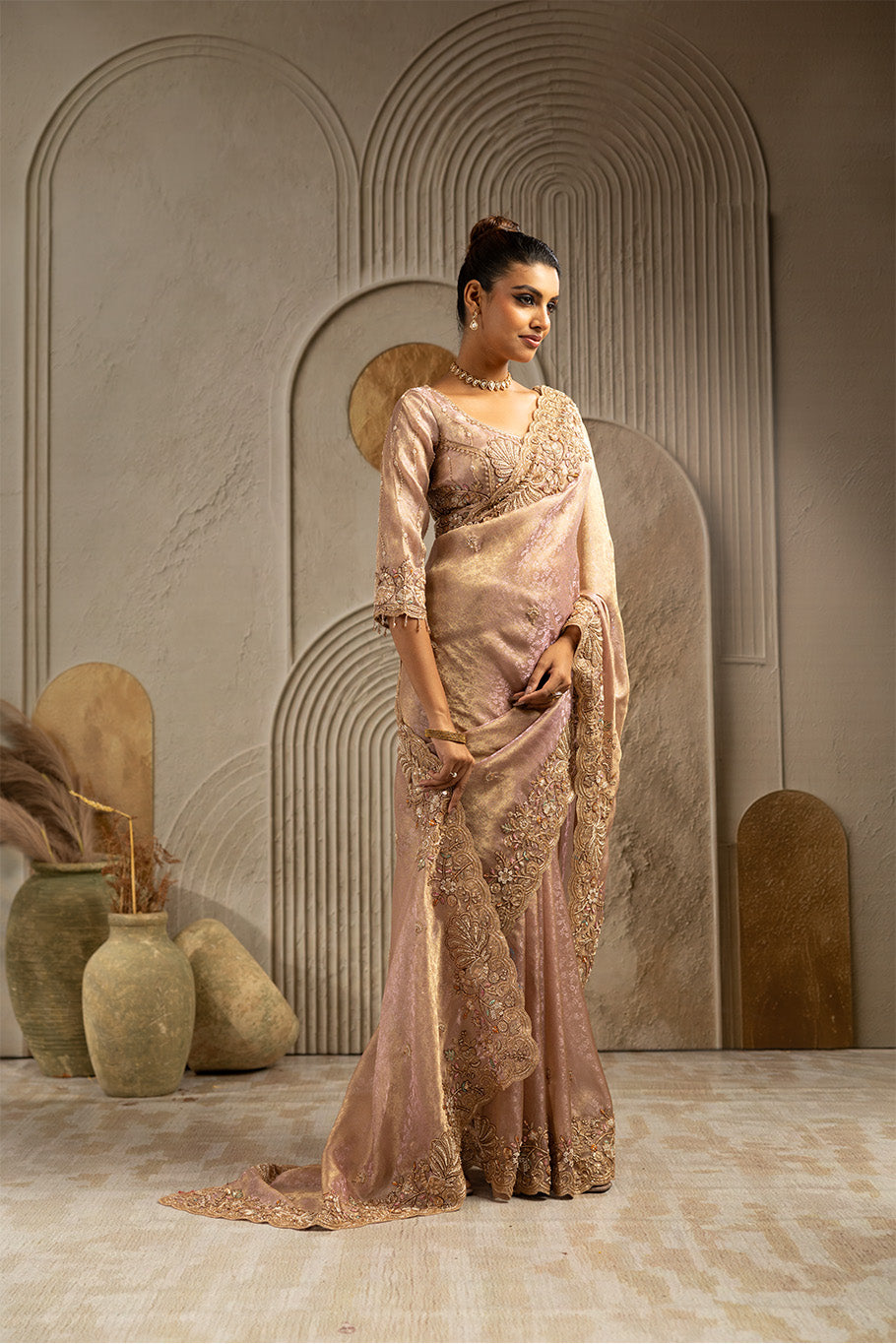 Blush Pink Organza Silk Saree with Silver Zari Embroidery