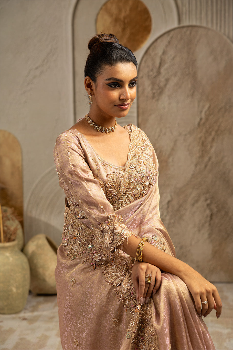 Blush Pink Organza Silk Saree with Silver Zari Embroidery