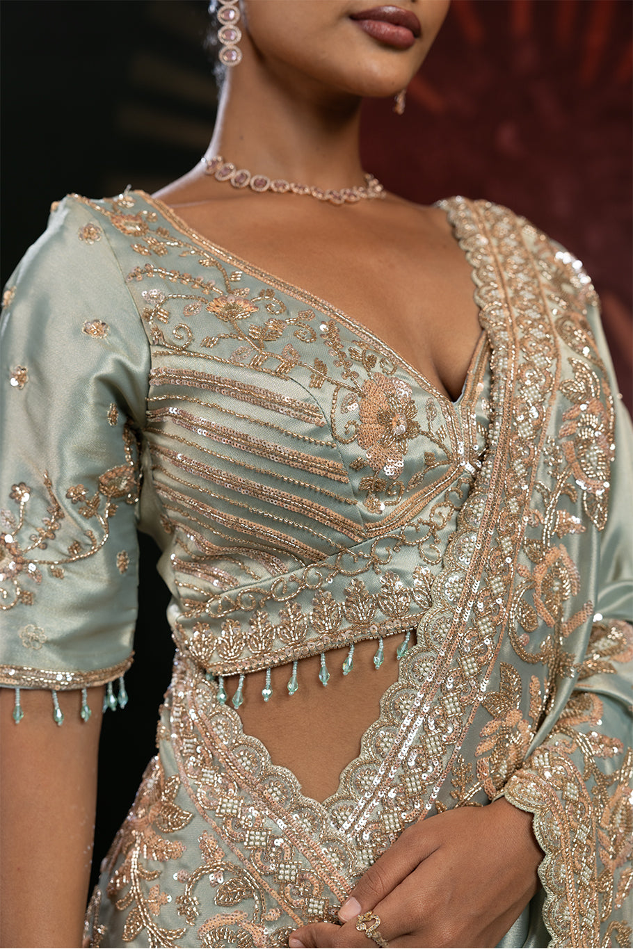 Sage Green Organza Silk Saree with Golden Zari Embroidery