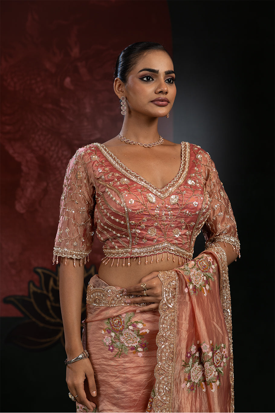 Dusty Rose Pink Organza Silk Saree with Multicolor Floral Embroidery