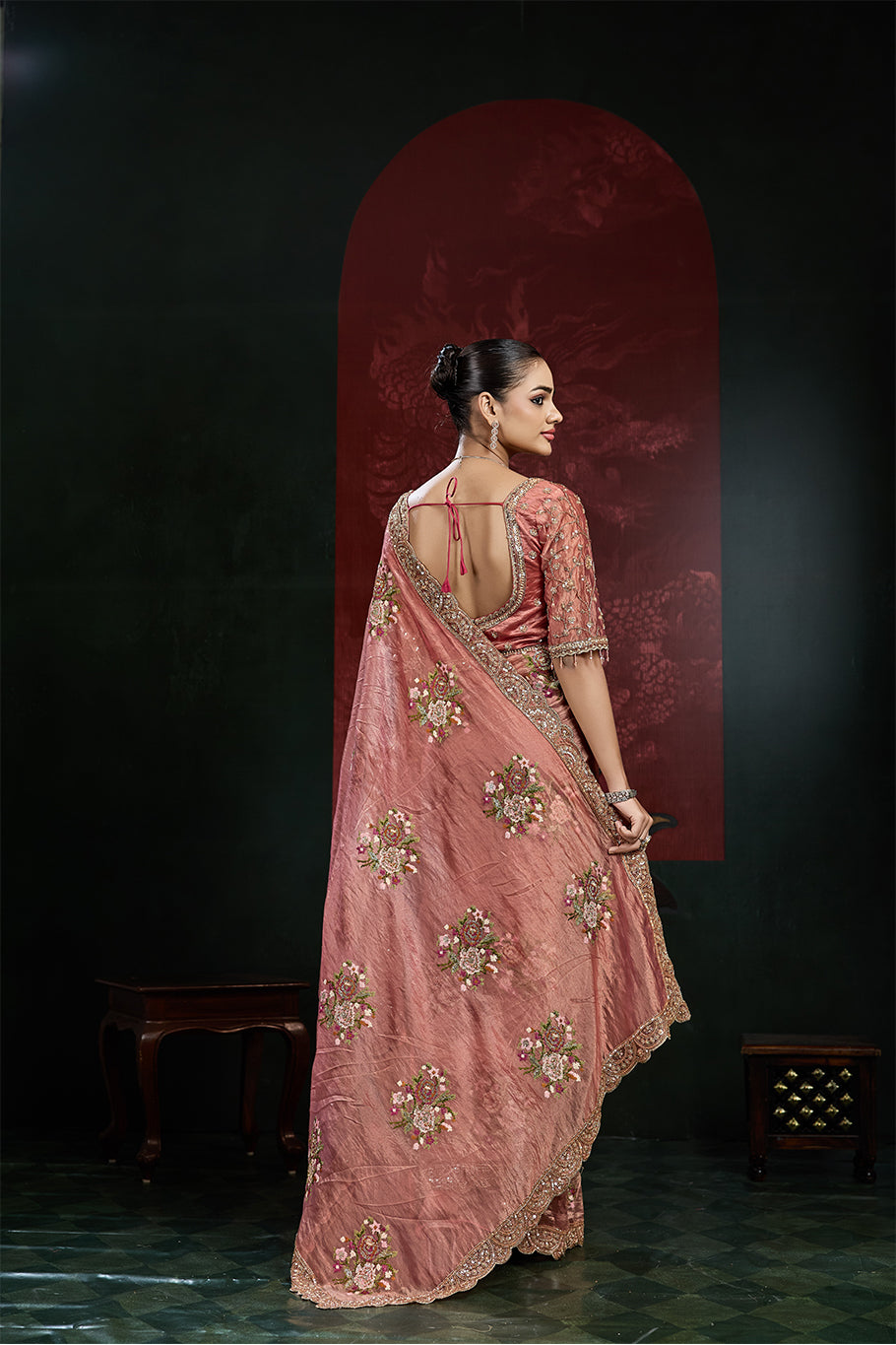 Dusty Rose Pink Organza Silk Saree with Multicolor Floral Embroidery
