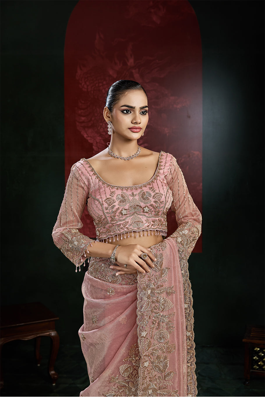 Dusty Rose Pink Organza Silk Saree with Floral Border Work