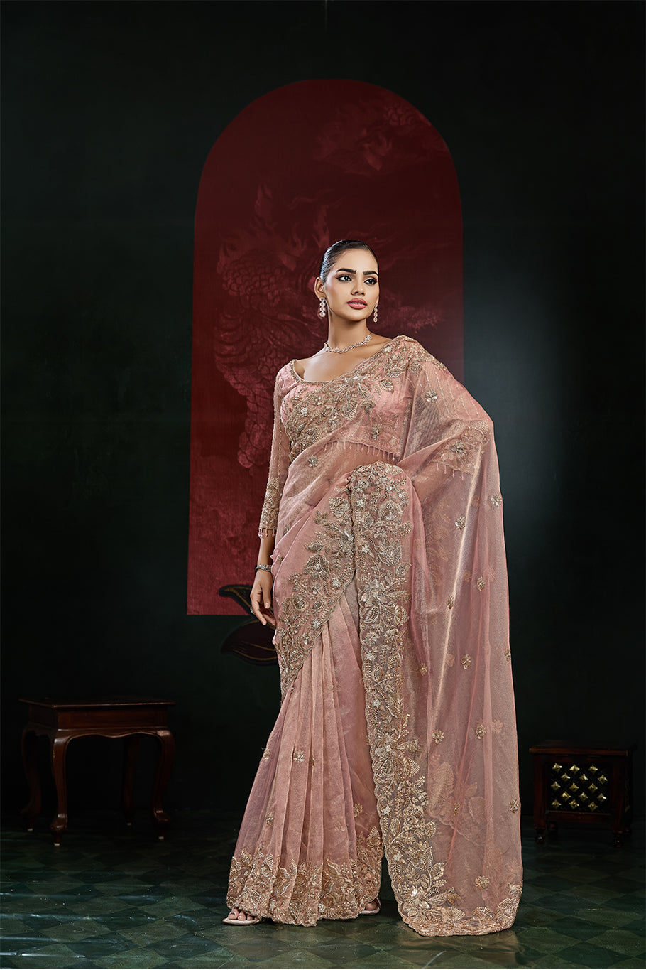 Dusty Rose Pink Organza Silk Saree with Floral Border Work
